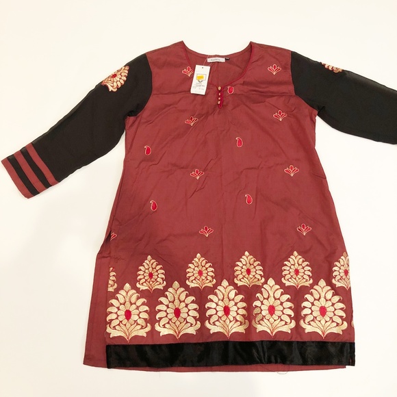 NWT Kashkha Authentic Traditional Kurti Kurta Indian Tunic Maroon Gold Black - Picture 3 of 11